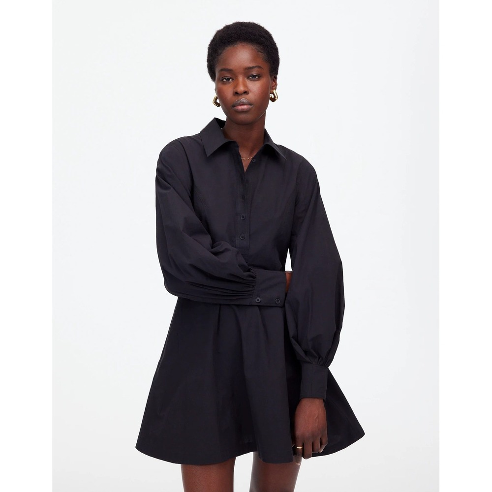 Madewell Seamed Long-Sleeve‎ Mini Shirtdress in Poplin Black 6 NWT